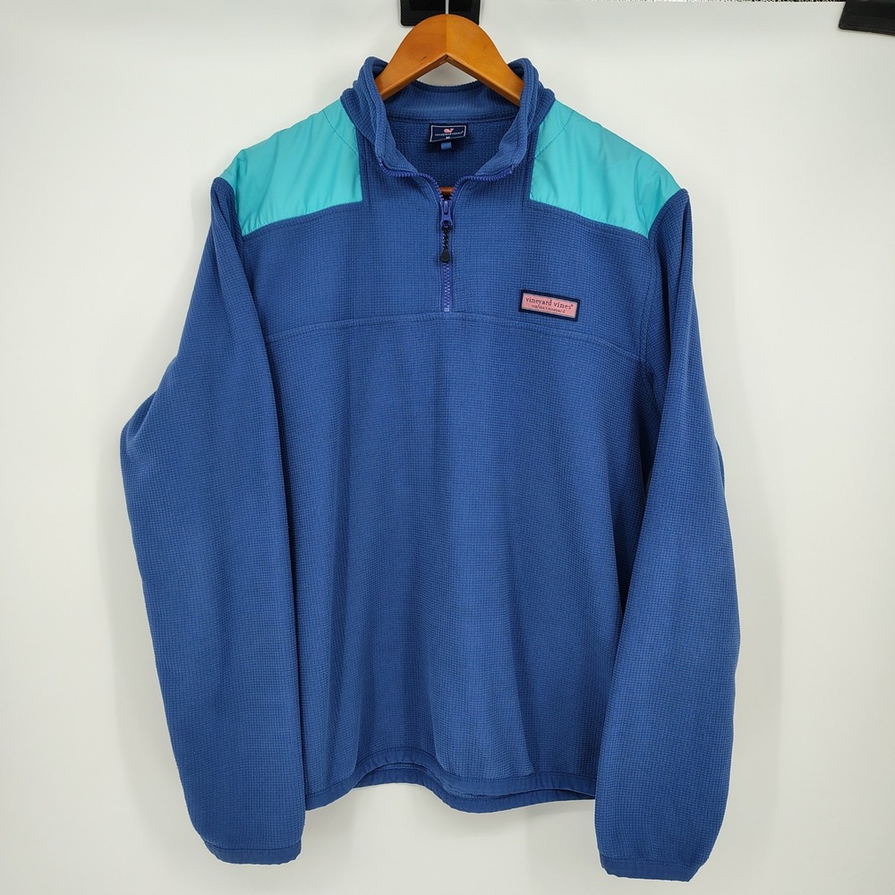 Vineyard Vines Women's Medium Blue Grid Fleece Quarter Zip Pullover Ripstop Trim